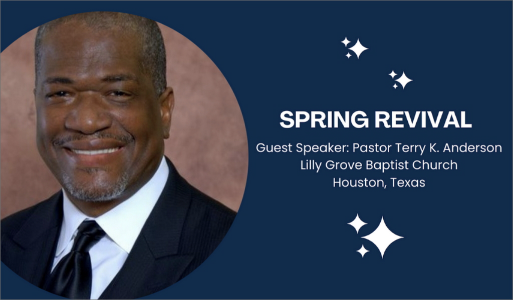 A man in a suit and tie promoting the spring revival at a local Baptist church in Arlington, TX.